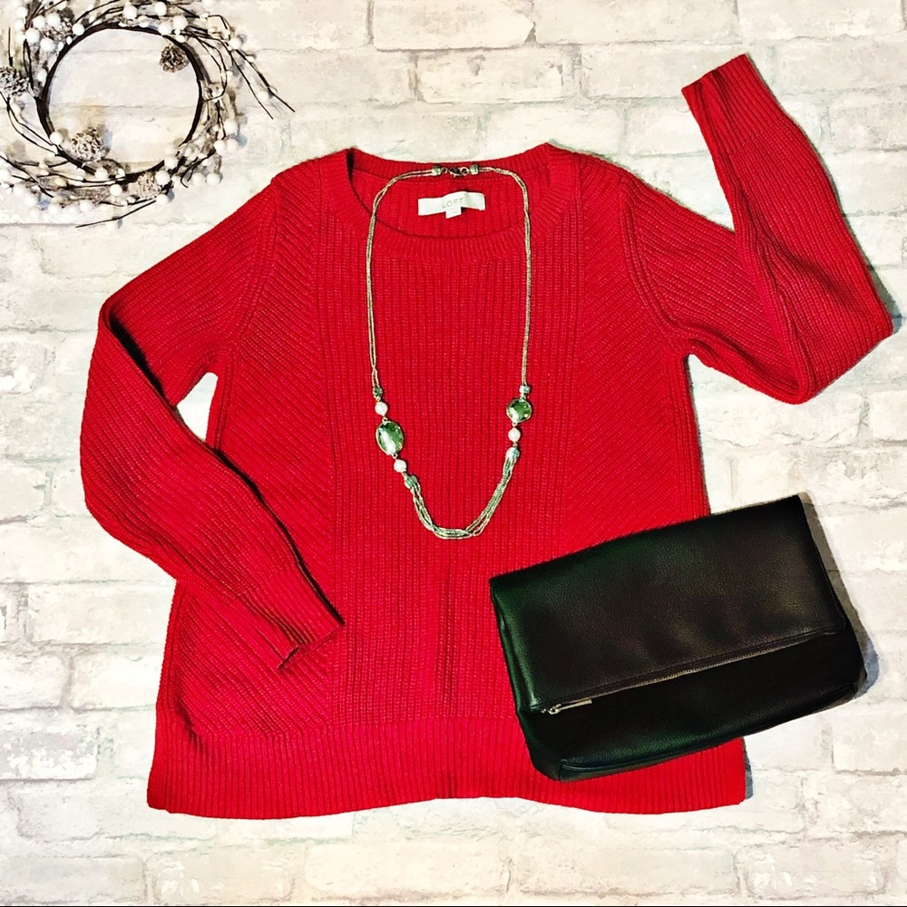LOFT | Red Brioche Stitch Side Slit Sweater - S